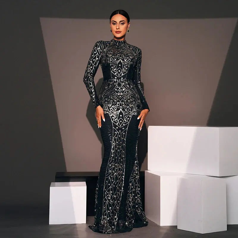 FZ Women's elegant Long sleeve Sequined luxury Cocktail Evening Dress
