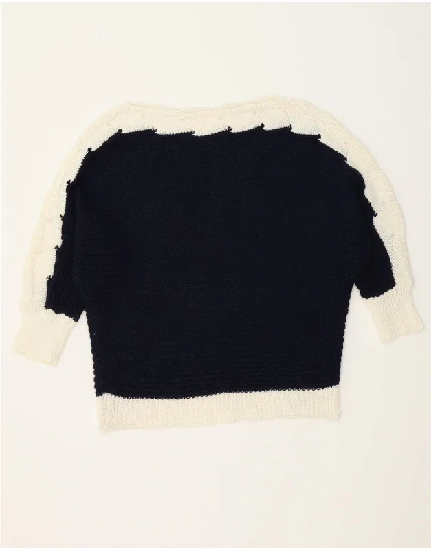 VINTAGE Womens Boat Neck Jumper Sweater UK 10 Small Navy Blue Colourblock Chenille Blend Fleece Blend Nylon Blend