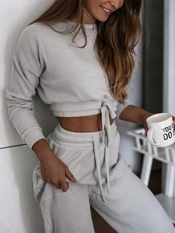 Pure Color Casual Warm Lace-Up Waist Long-Sleeved Sweater Suit Casual Formal Business