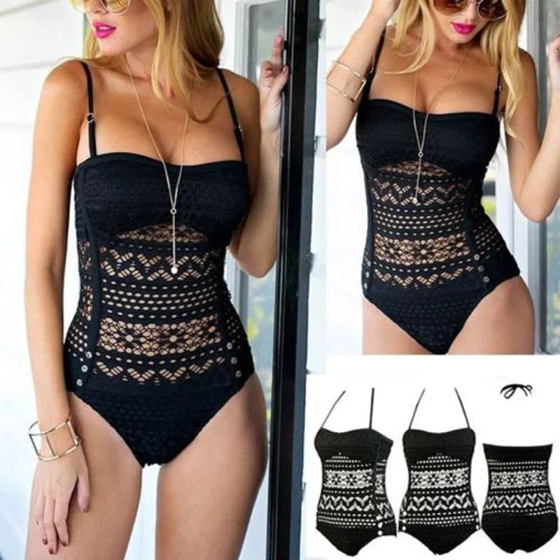 Plus Size 3XL Women One Piece Swimsuit Sexy 2020 Black Hollow Swimwear Solid Bodysuit Female Bathing Monokini Summer Beach Suit Comfortable Ruffled Bodysuit