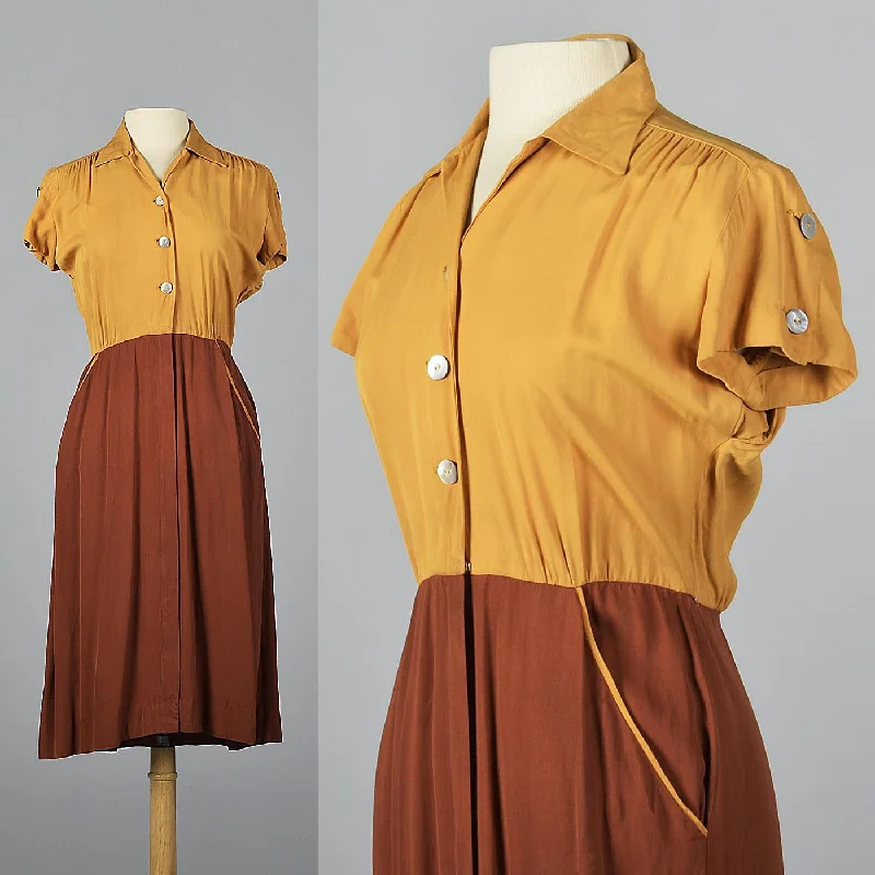 1950s Yellow and Brown Gaberdine Day Dress