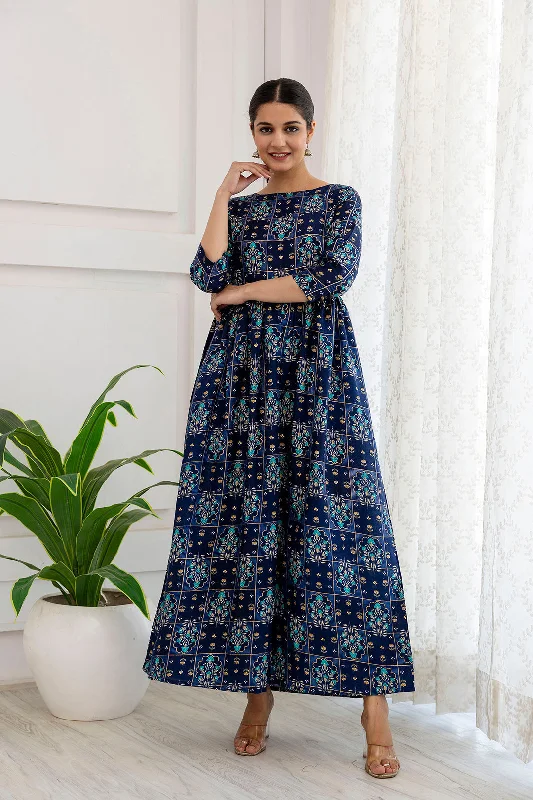 Women Navy Blue Ethnic Printed Flared Dress - Rasiya