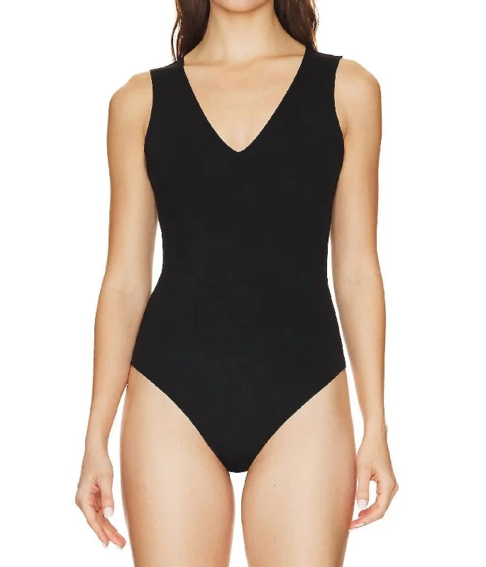 Neoprene Deep V Bodysuit In Black Stylish Backless Bodysuit