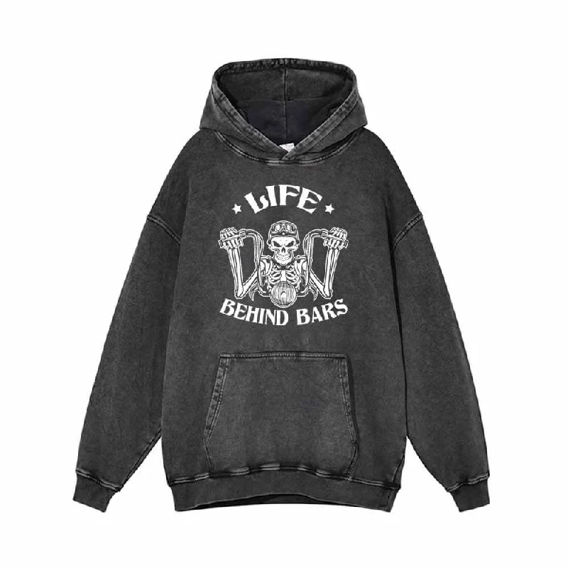 Life Behind Bars Skull Drive Motorcycle Print Hoodie Hoodie with Button Classic Timeless