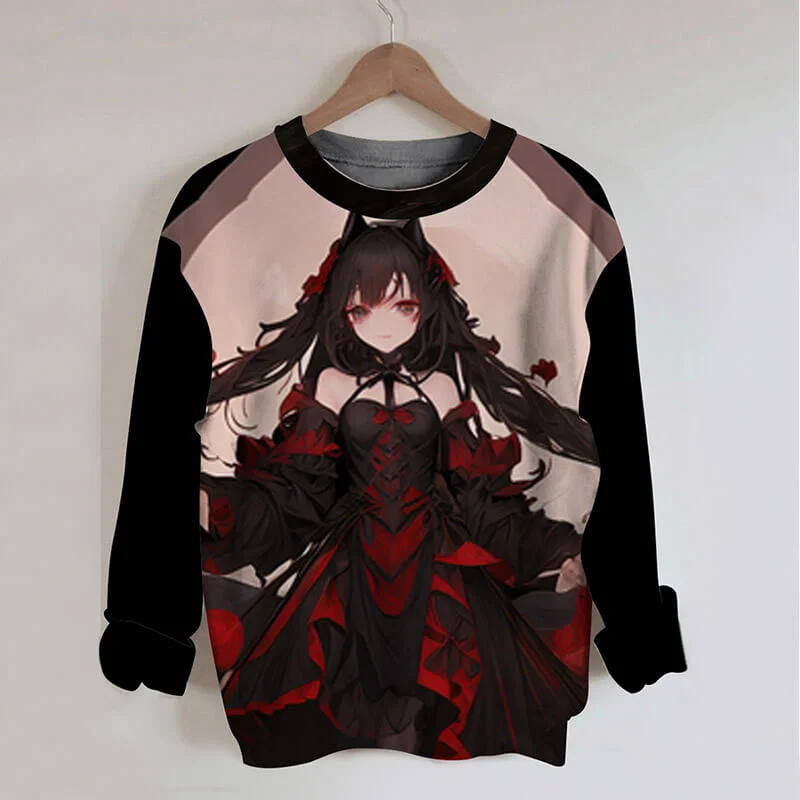 Gothic Wolf Girl Round Neck Anime Sweatshirt Hoodie with Turtle Neck Cozy Winter