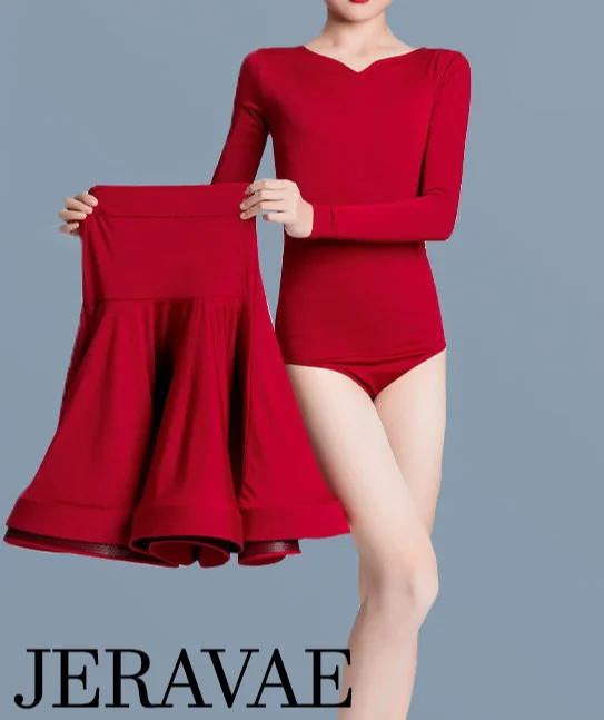 Girl's Wine Red Two Piece Practice or Competition Bodysuit and Latin Skirt with Long Sleeves You034 in Stock Comfortable Velvet Bodysuit