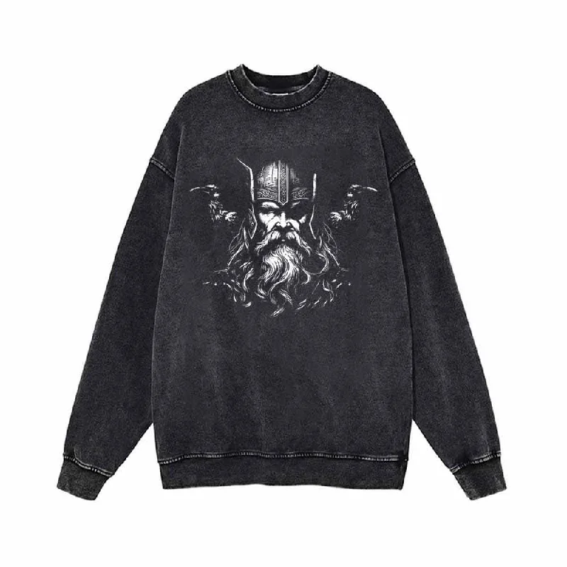 Viking Warrior With Ravens Vintage Washed Sweatshirt Hooded Sweatshirt Casual Wear Street Style