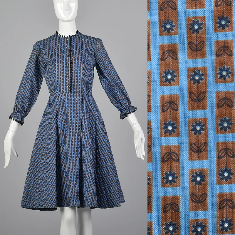 1950s Quilted Blue Cotton Dress