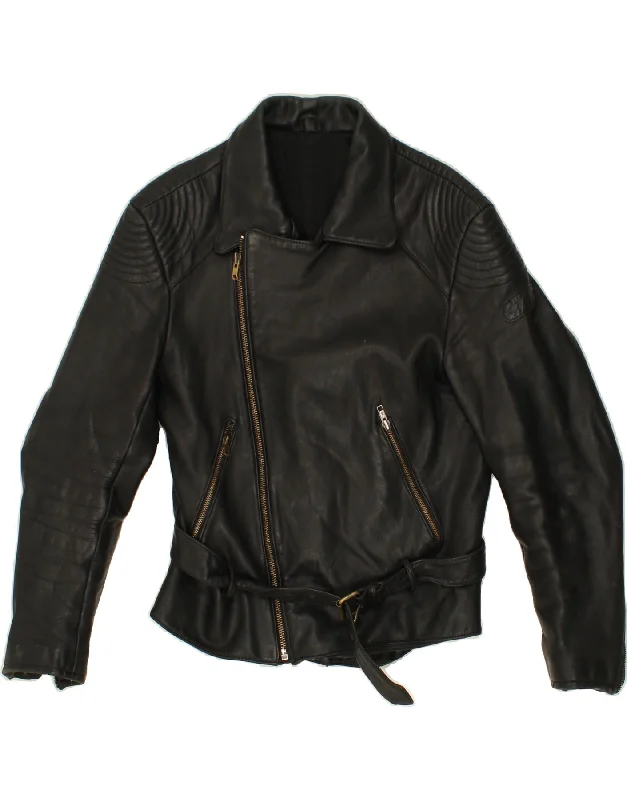 VINTAGE Womens Leather Biker Jacket UK 12 Medium Black Wool Fabric Cashmere Fabric Tweed Fabric