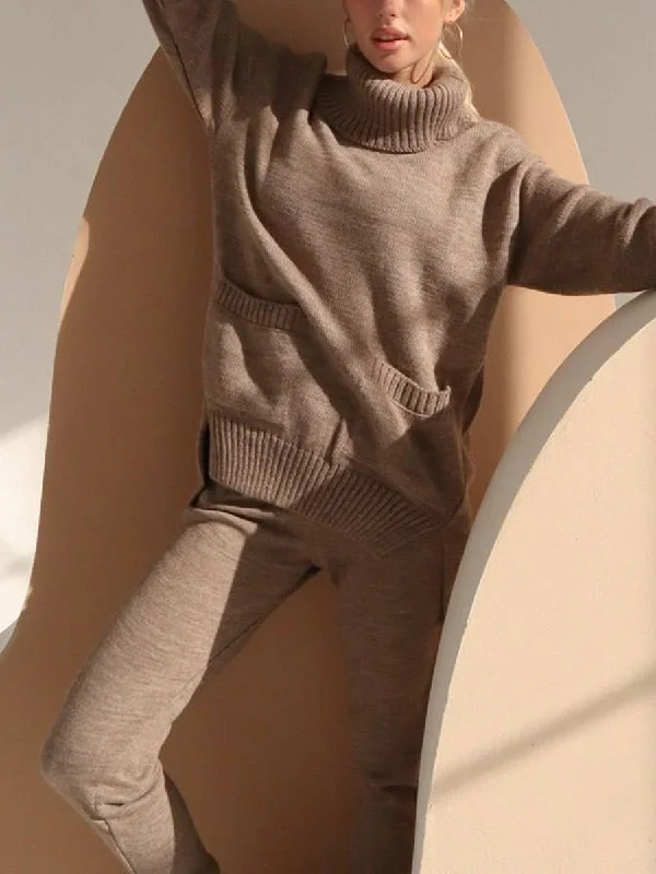 Turtleneck Cashmere Knitted Sweater Pants Suit  Collared Crew Neck Turtle Neck