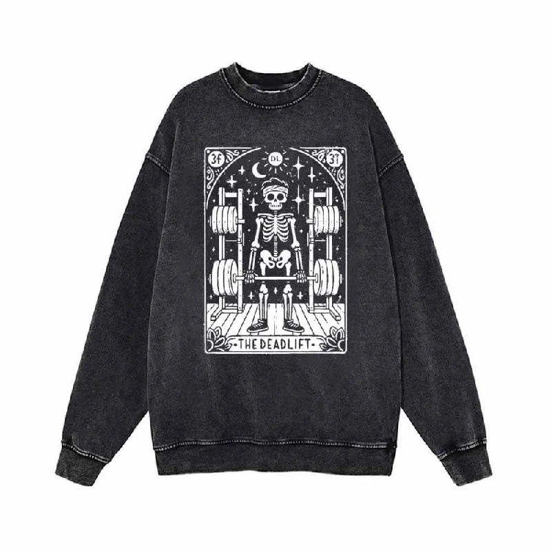 The Deadlift Tarot Card Skull Vintage Washed Sweatshirt Hoodie with Hem Detail Decorative Unique