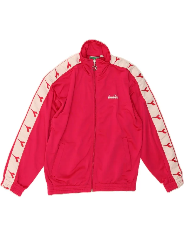 DIADORA Womens Graphic Tracksuit Top Jacket UK 14 Medium Pink Colourblock Front Pockets Side Pockets Patch Pockets
