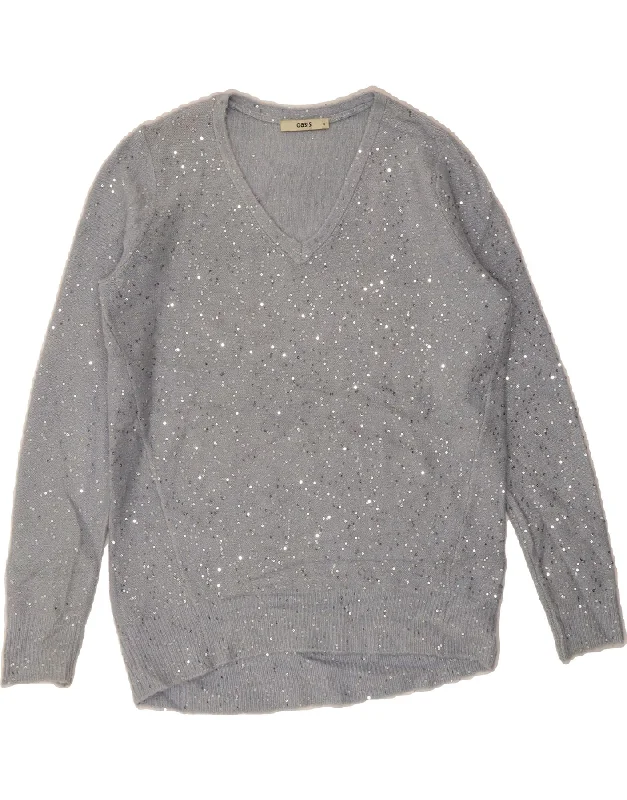 OASIS Womens Longline Oversized V-Neck Jumper Sweater UK 10 Small Grey Knit Fabric Woven Fabric Fleece Fabric