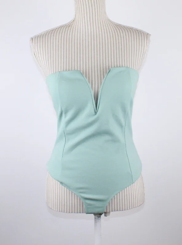 REVAMPED TEAL BODYSUIT LADIES LARGE PRE-LOVED Trendy Sheer Lace Bodysuit