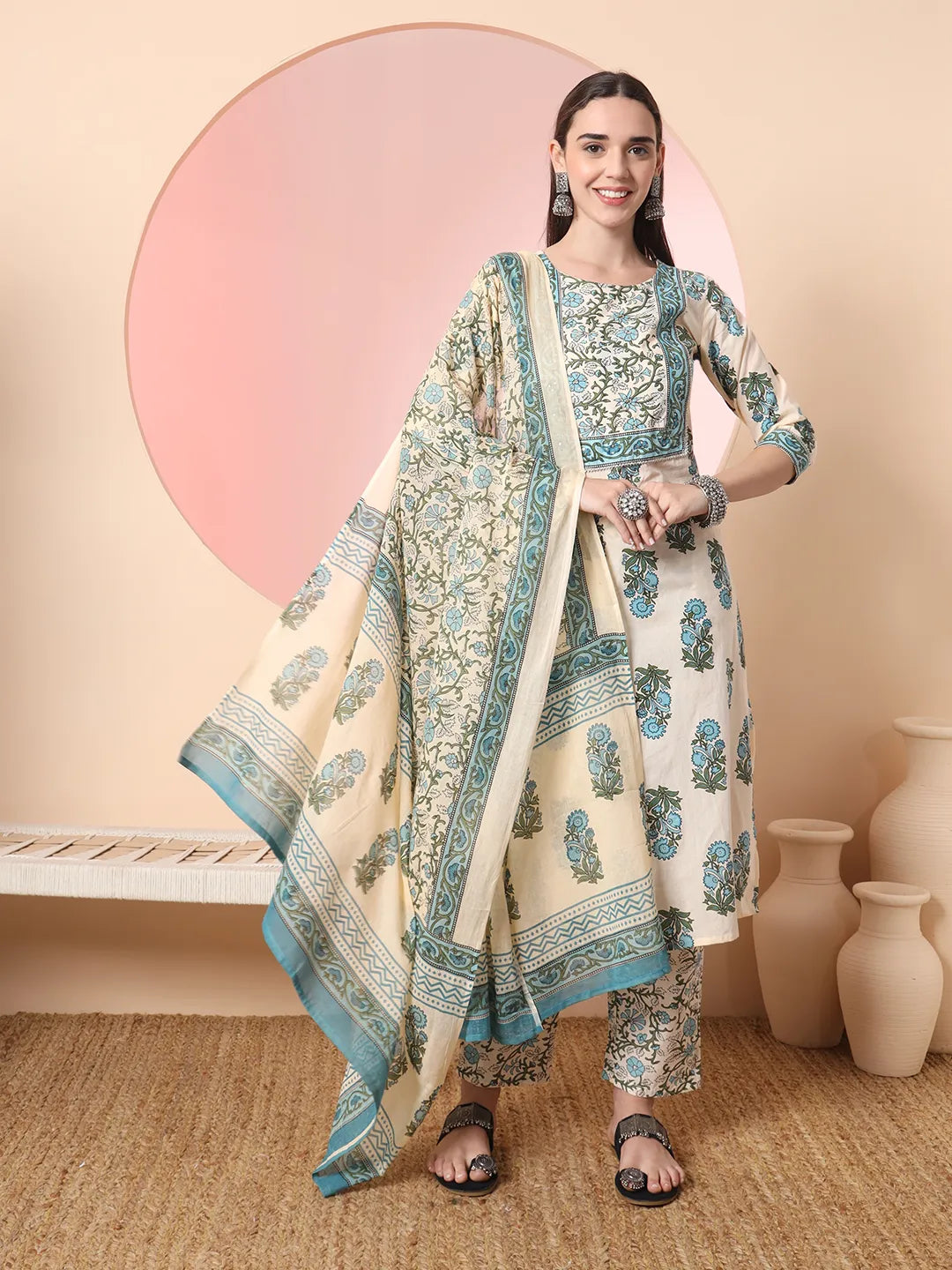 Yufta Cream Pure Cotton Block Print,Sequins_Work Kurta Set With Pant & Dupatta Casual Sweatpants Style