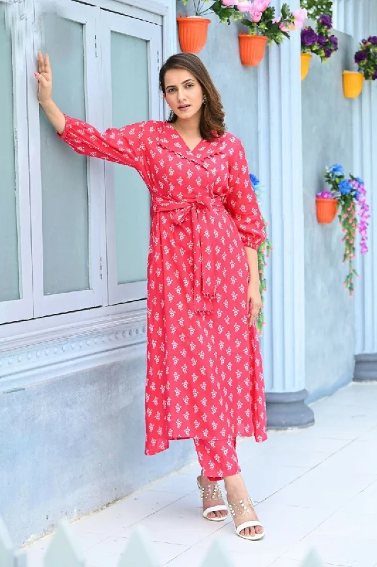 Aayaa Pure Muslin printed Kurti & Pant - Red pink Sleek Black Pants