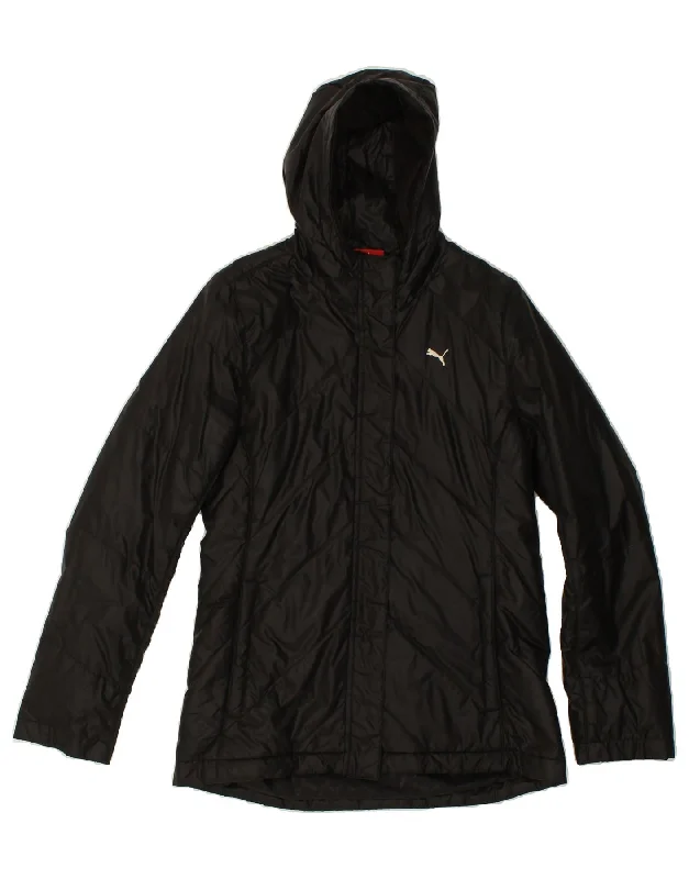 PUMA Womens Hooded Padded Jacket UK 12 Medium  Black Front Pockets Side Pockets Patch Pockets