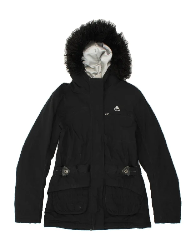 VINTAGE Womens Hooded Windbreaker Jacket UK 8/10 Small Black Polyester Welt Pockets Slit Pockets Flap Pockets