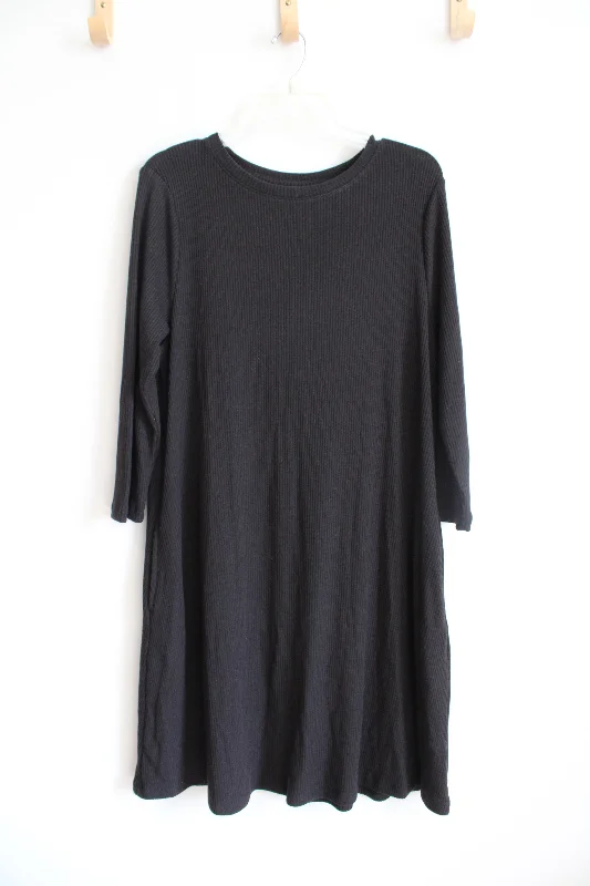Time And Tru Black Long Sleeved Ribbed Dress | L (12-14) Casual Short Summer