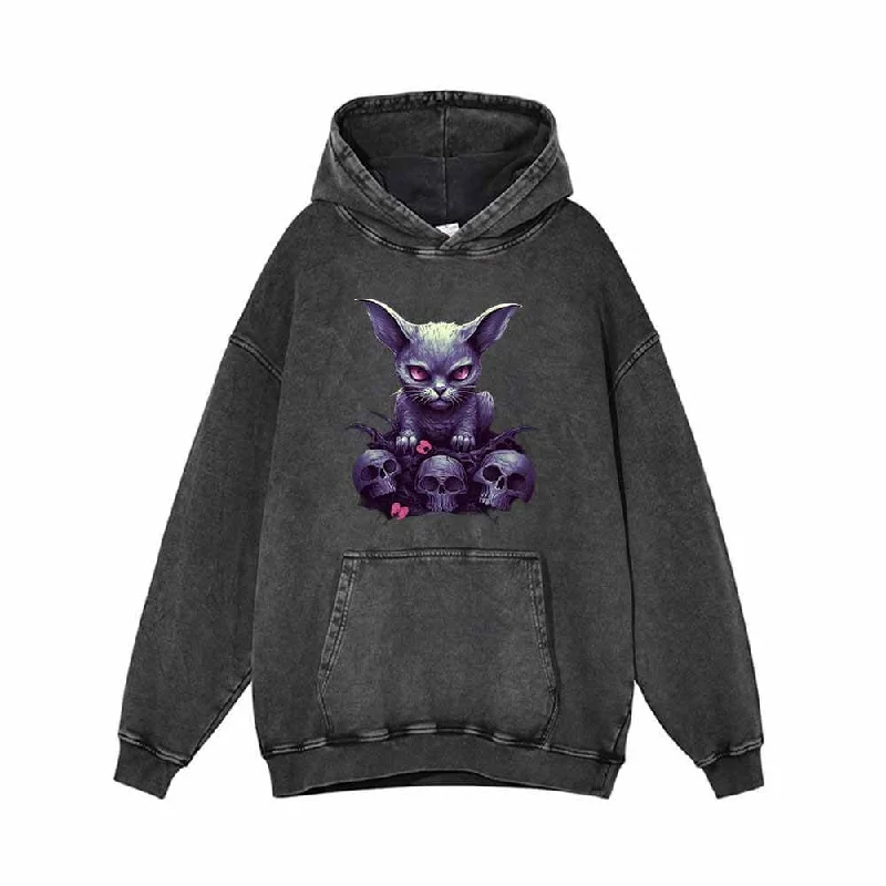 Gothic Kitten And Skeleton Vintage Washed Hoodie Hoodie with Zipper Placket Modern Functional