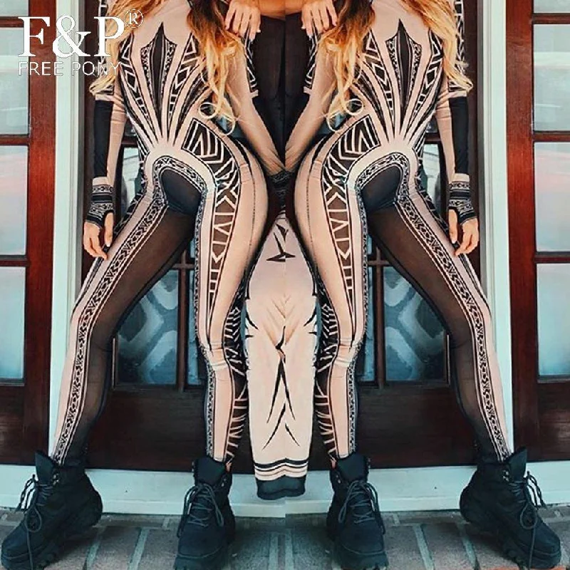 Bodysuit For Doof Festival Women Tribal Tattoo Print Mesh Jumpsuit Curvy African Aztec Bodysuit Catsuits Stylish Bodysuit with Lace Accents