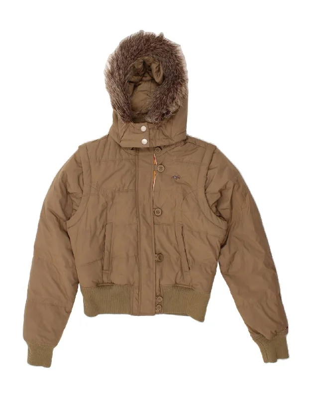 TOMMY HILFIGER Womens Hooded Padded Jacket UK 16 Large Brown Acrylic Faux Fur Jacket Real Fur Jacket Shearling Jacket
