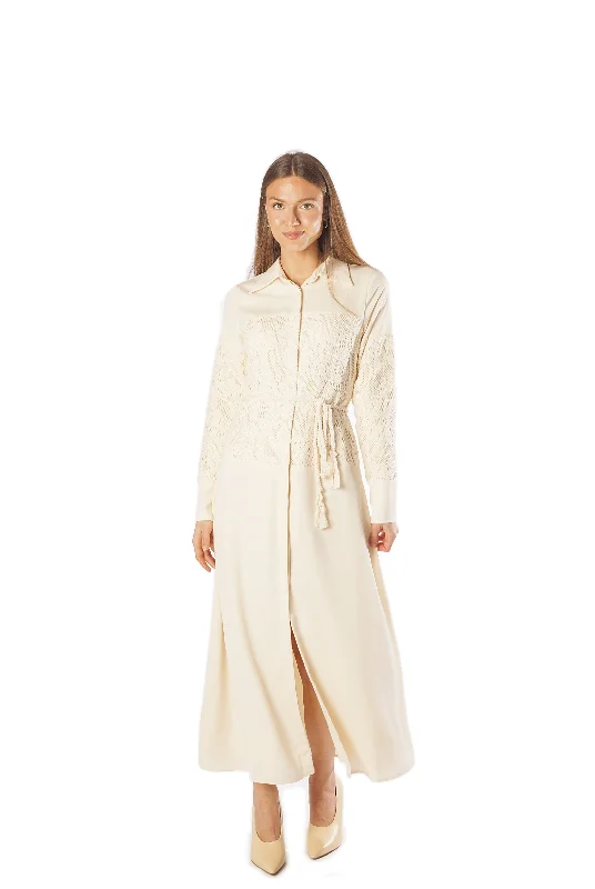 Lace Bodice A Line Dress w/ Belt - Cream Tunics Modern contemporary