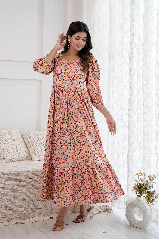 Women Peach Printed Flared Dress - Rasiya