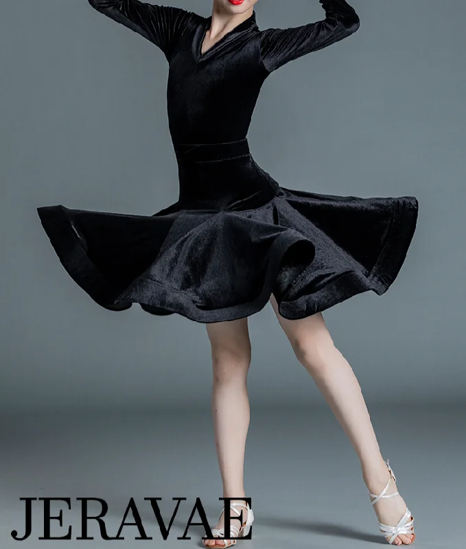 Girl's Black Velvet Two Piece Practice or Competition Long Sleeve Bodysuit and Latin Skirt You035 in Stock Elegant Halter Neck Bodysuit