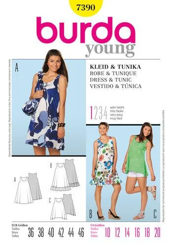Burda Pattern 7390 Young Dress & Tunic Tunics Sophisticated sleek