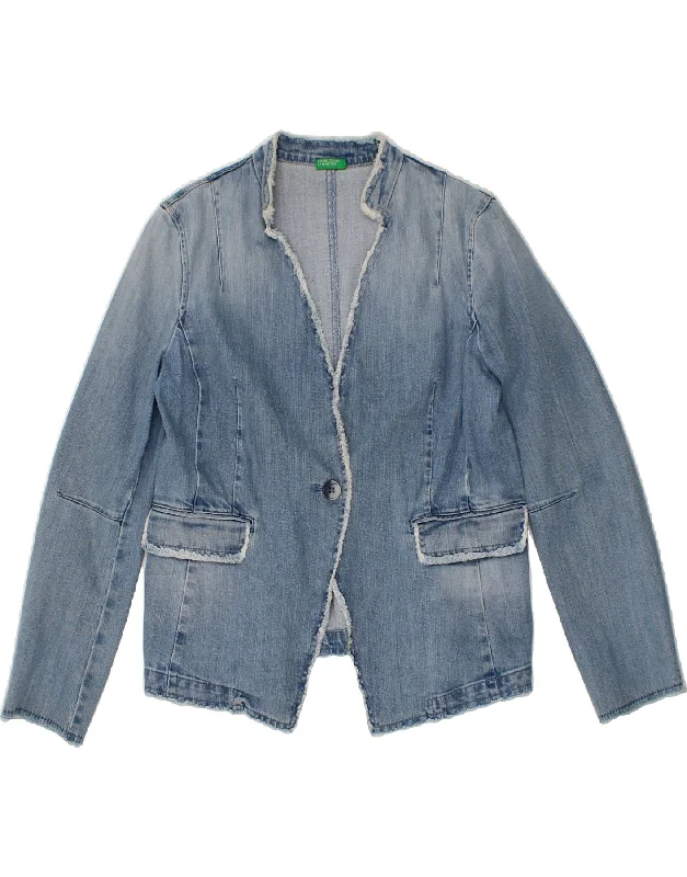 BENETTON Womens 1 Button Denim Blazer Jacket UK 12 Medium  Blue Cotton Faux Fur Jacket Real Fur Jacket Shearling Jacket