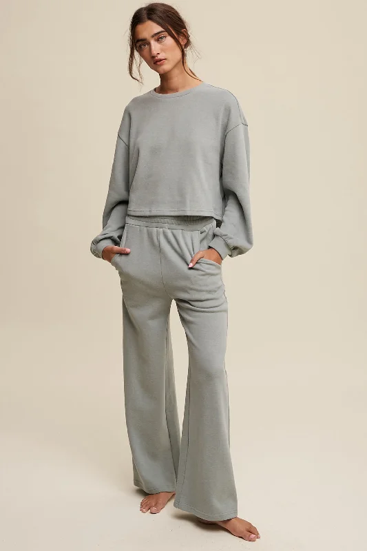 Knit Sweat Top and Pants Athleisure Lounge Set Cozy Fitted Pants