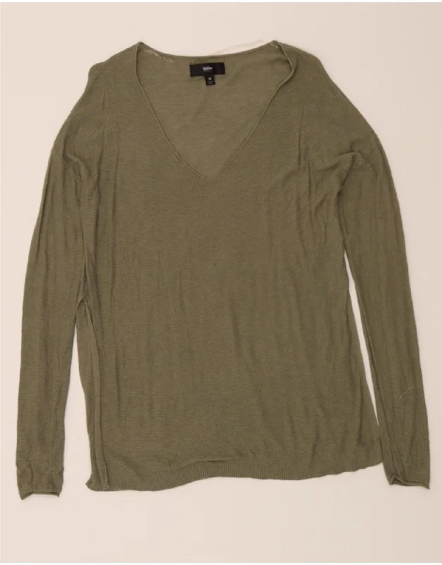 MOSSIMO Womens Longline V-Neck Jumper Sweater UK 14 Medium Green Nylon Casual Formal Business
