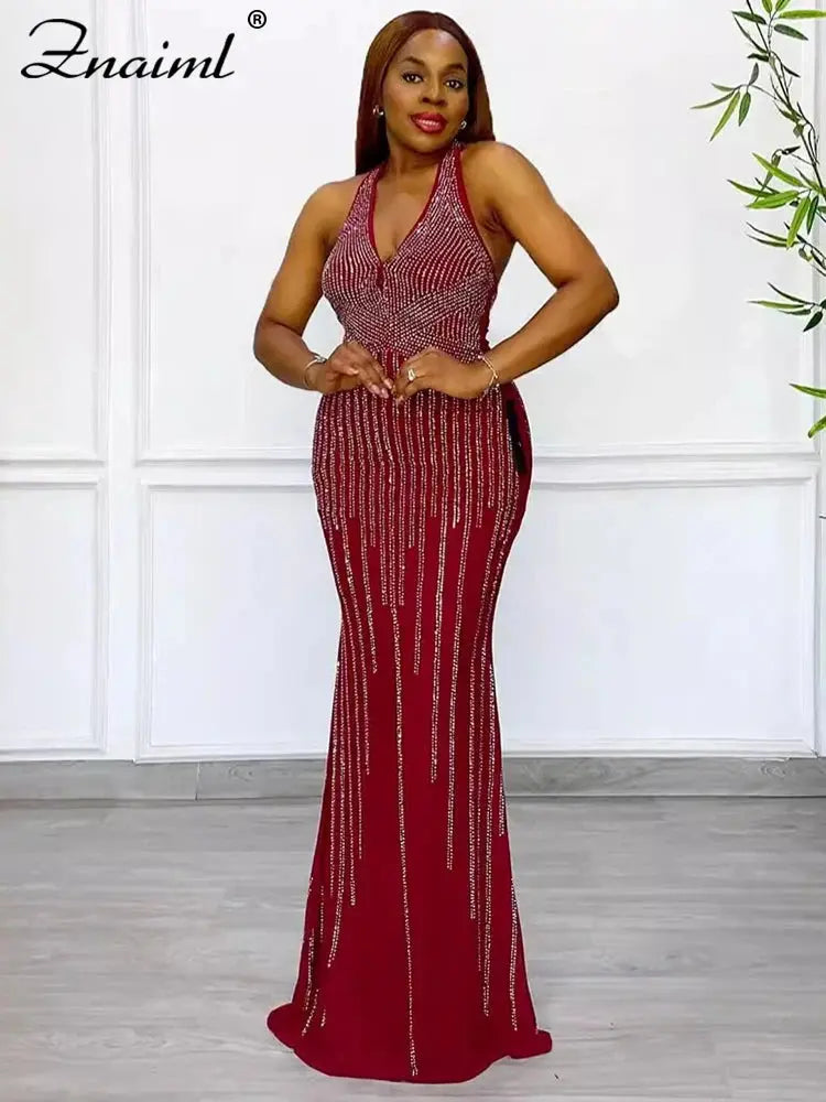 FZ Women's Sleeveless Rhinestone Mermaid Luxury Evening Dress