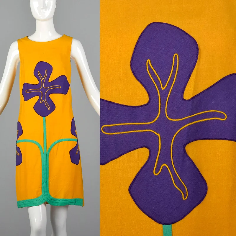 1960s Yellow Dress with Purple Floral Appliques