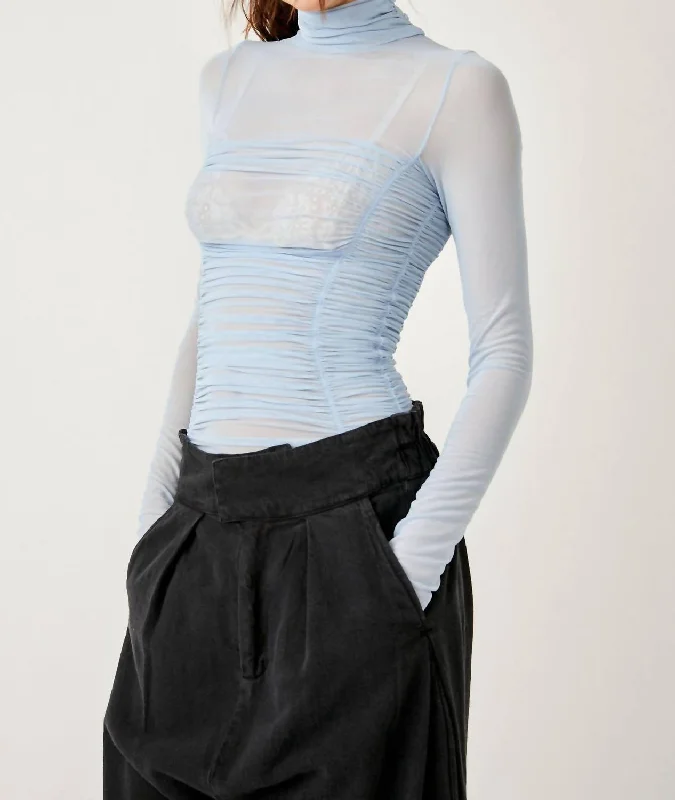 Under It All Ruched Mesh Turtleneck Bodysuit In Silver Blues Comfortable Lace Bodysuit
