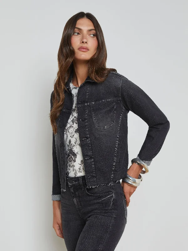 L'agence Janelle Slim Raw Jacket in Obsidian Ribbed Jacket Pleated Jacket Ruffled Jacket