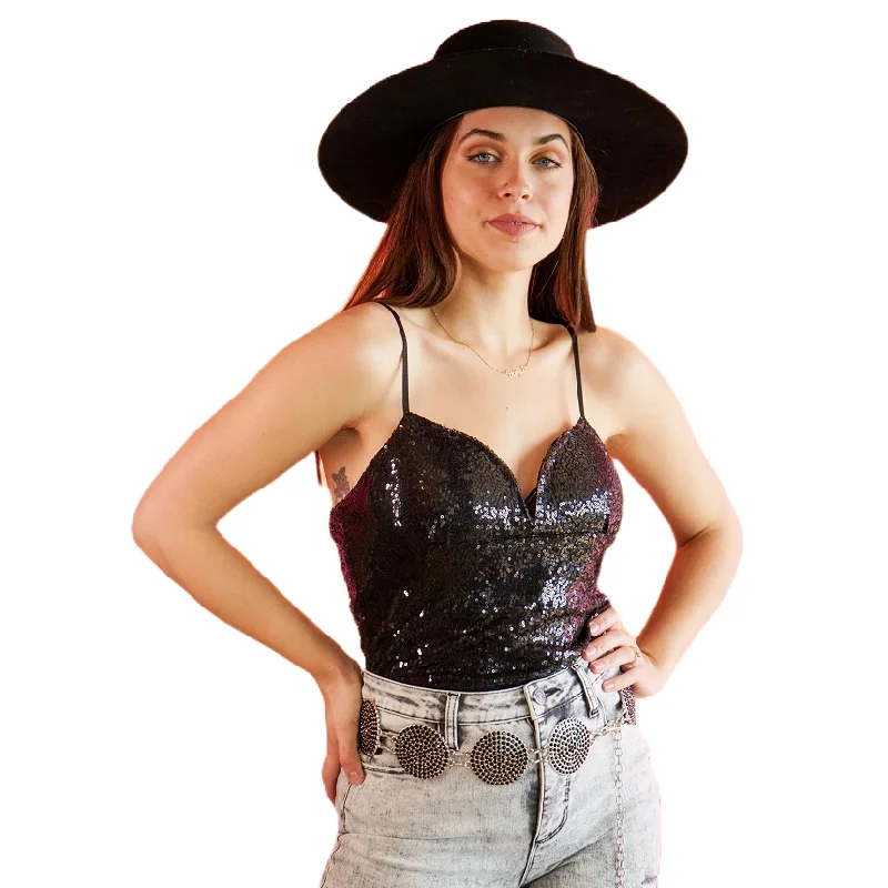 Lucky & Blessed Ladies Black Sequin Spaghetti Strap Bodysuit TO137-BLK Trendy Sheer Lace Bodysuit