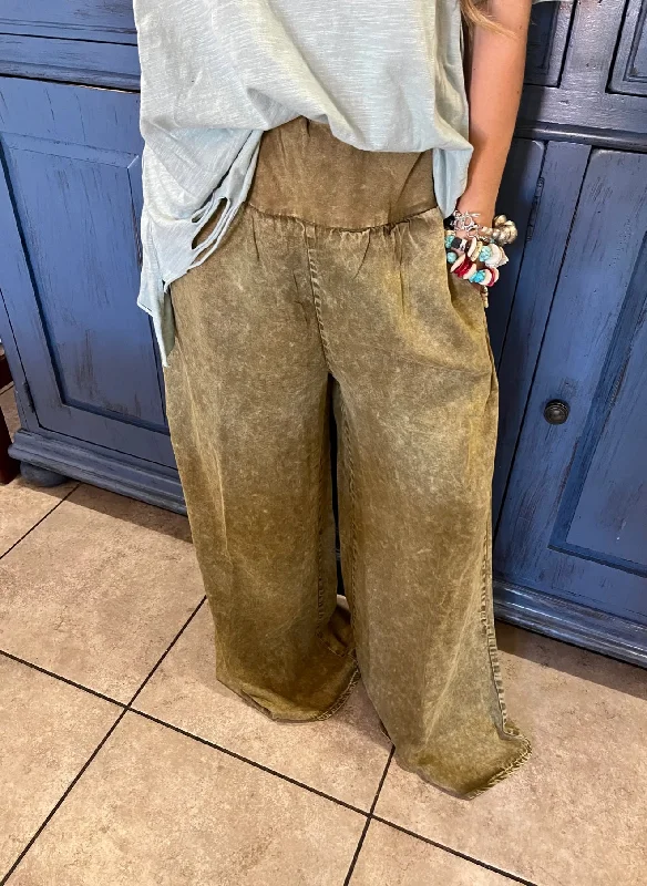 Mustard Khaki Flowy Gypsy Pants Elegant High-Waist Pants