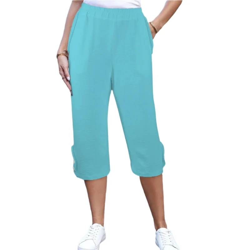 Circa Blue Button Trim Capri Pants Relaxed Linen Pants