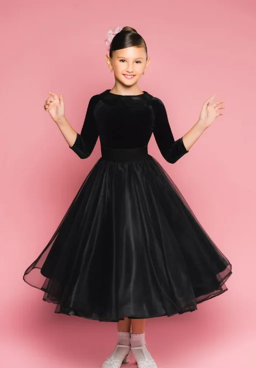 Girl's Two Piece Black Velvet Bodysuit with 3/4 Sleeves and Tulle Ballroom Skirt You039 in Stock Chic Bodysuit with Ruffles