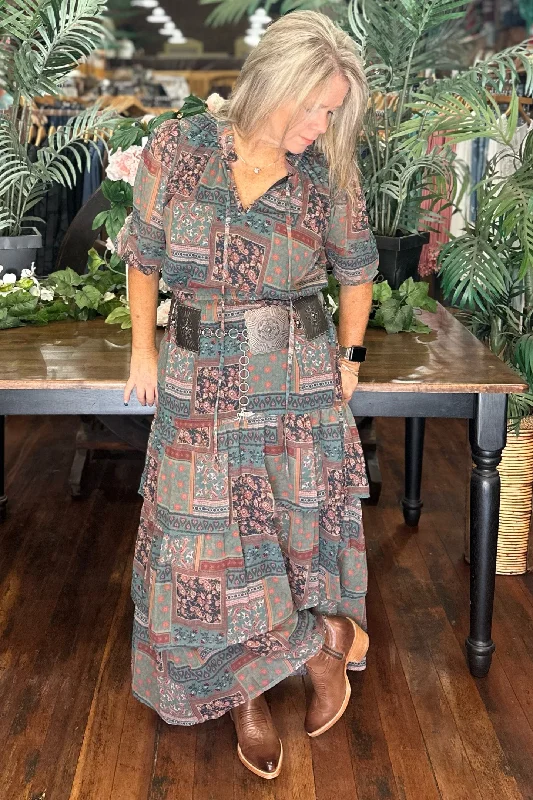 Olive Green Print Tiered Dress by Panhandle