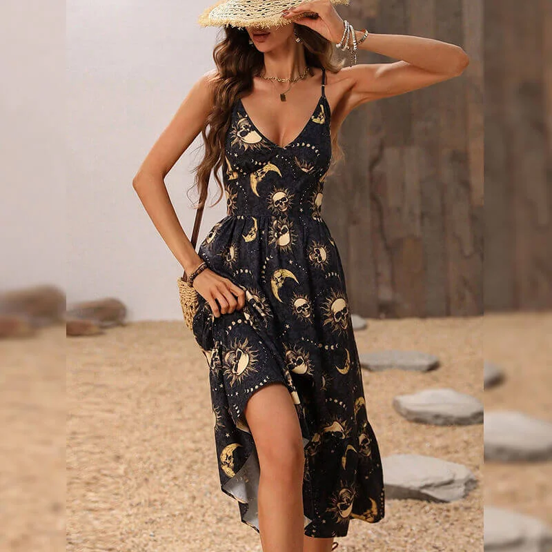 Gothic V Neck Skull Moon Sun Print Slip Dress