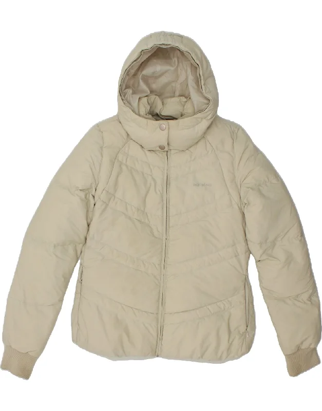 ADIDAS Womens Hooded Padded Jacket UK 14 Medium Beige Polyamide Notch Collar Jacket Peter Pan Collar Jacket Cowl Neck Jacket