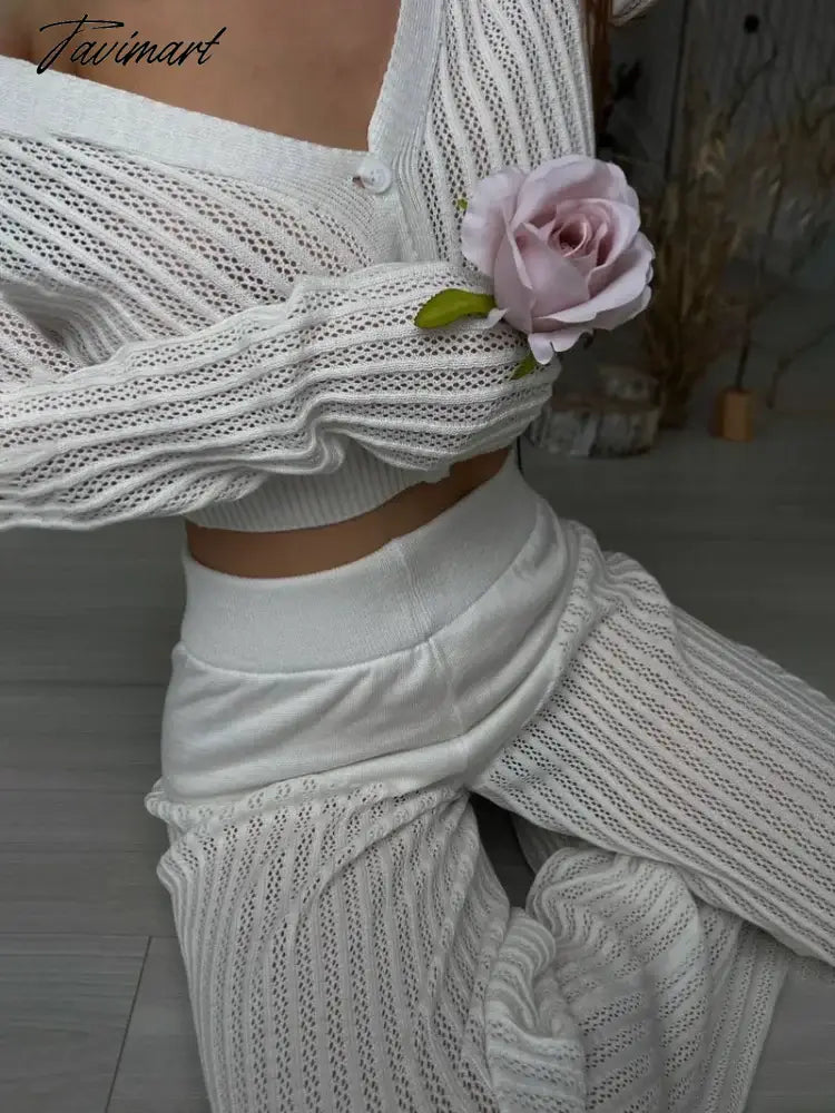 Tavimart Women Casual Knitted Sweater Outfits Buttons See-Through Long Sleeve High Waist Knit Two Piece Fashion Trousers Outfits Lightweight Heavyweight Midweight