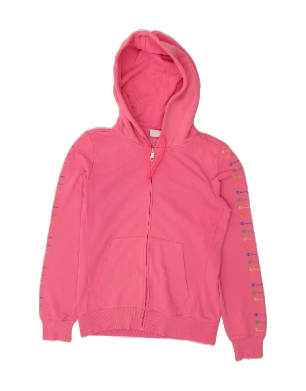 CHAMPION Womens Graphic Zip Hoodie Sweater UK 16 Large Pink Cotton Open Front Closed Front Wrap Front