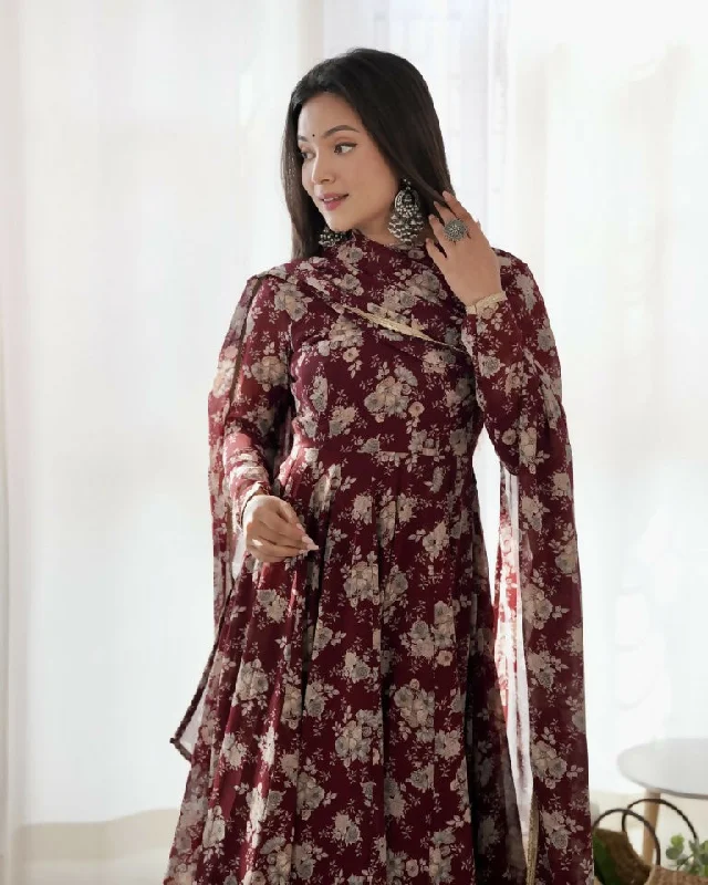 Preksha Creation Fox Georgette Multi Floral Print Women Maroon Anarkali Gown With Dupatta And Pant Slim-Fit Leggings