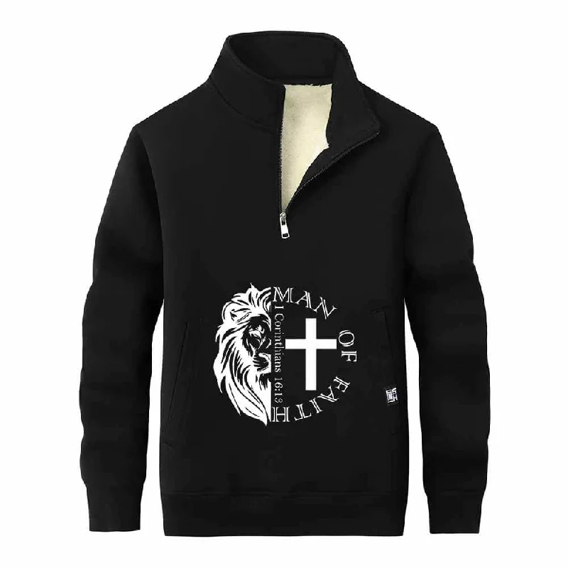 Man Of Faith Lion Cross Stand Collar Zip Fleece Sherpa Sweatshirt Hoodie with Turtle Neck Cozy Winter