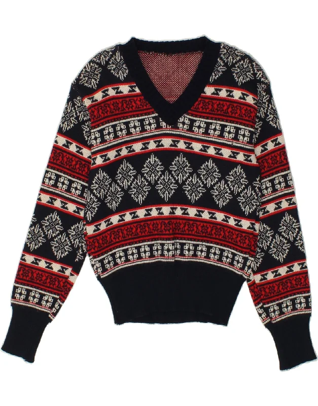VINTAGE Womens V-Neck Jumper Sweater UK 14 Medium Black Fair Isle High Neck Crew Neck V-Neck
