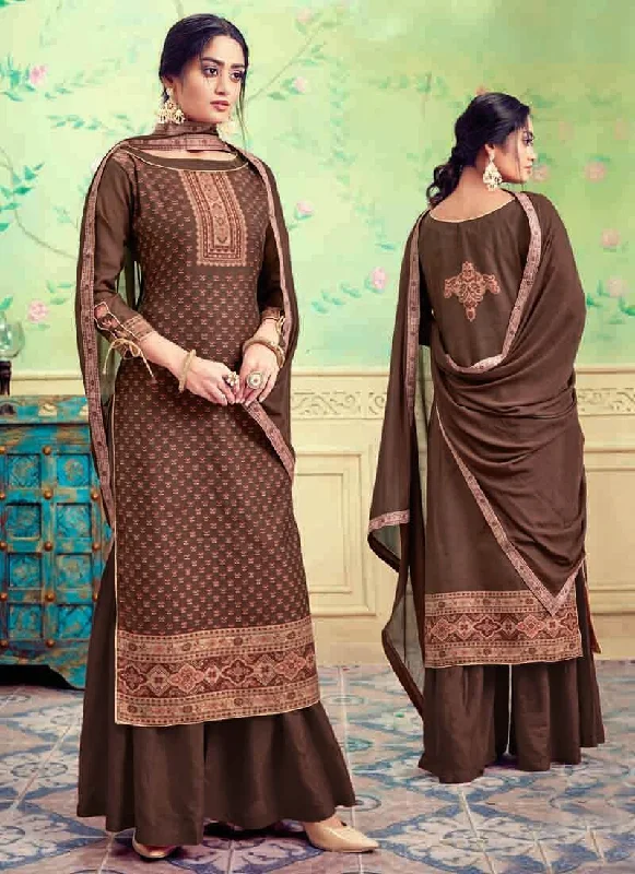 Brown Pure Hand Weaving Jaquard Palazzo Dress Casual Short Summer